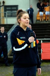 Caitriona McAteer sings Amhrn na bhFiann at the recent National Football League match between Antrim and Kildare at Casement Park.